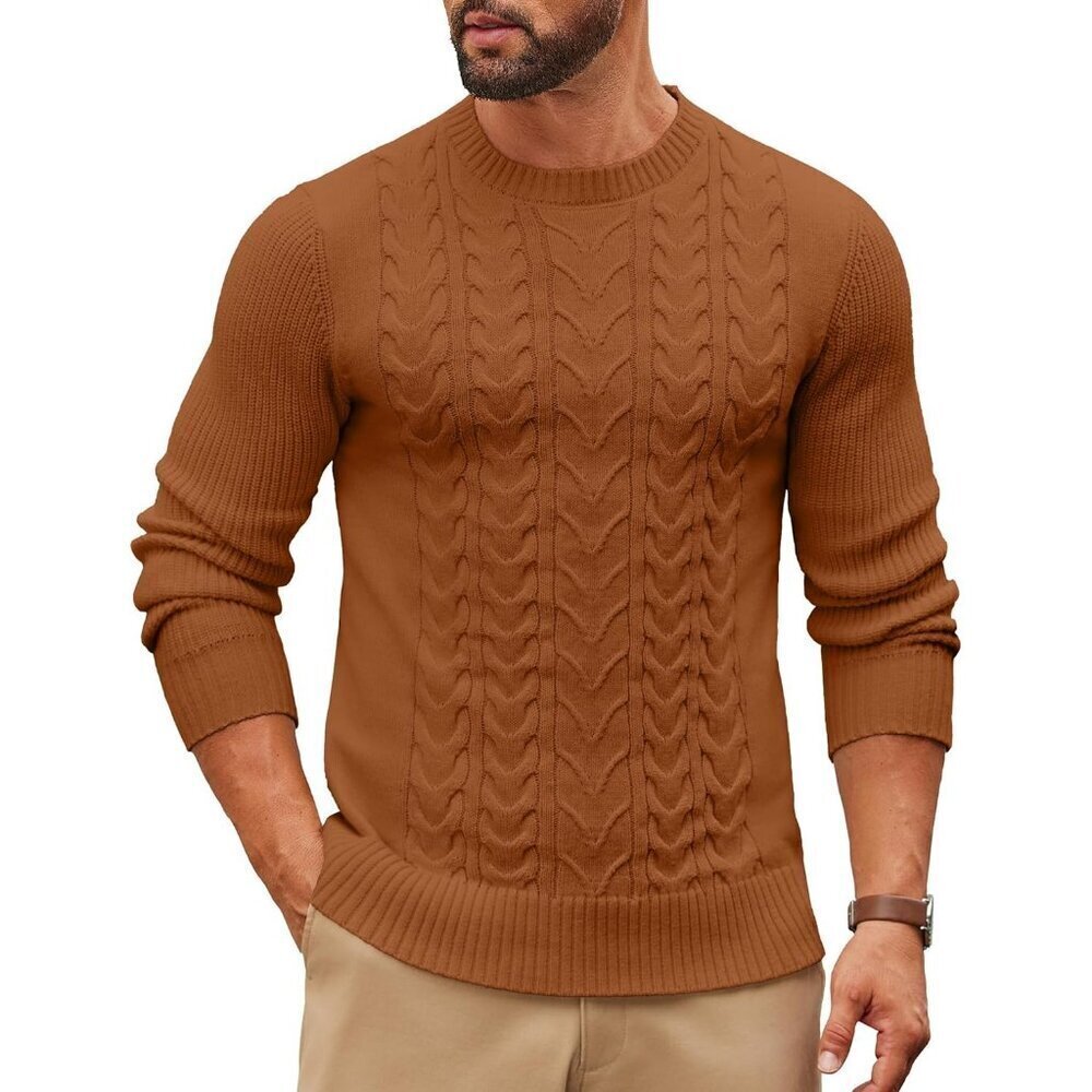 Coofandy Men Brown Crewneck Pullover Twist Textured Fisherman Sweater